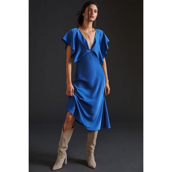 Sachin + Babi For Anthropologie Midi Dress Deep V-Neck Ruffle Blue Size 10P - Picture 1 of 12